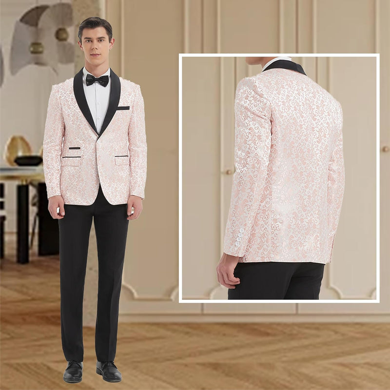 Eleganter Herrenanzug, rosa Brokat, schwarzes Revers, ideal für formelle Anlässe.