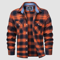 Herren Flanellhemd, langärmelig, kariert, orange-schwarz, Baumwolle, Freizeit, zwei Taschen.