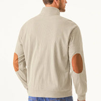 Herren Cordjacke beige mit braunen Ellbogen-Patches, modisch, lässig, Herbstmode.