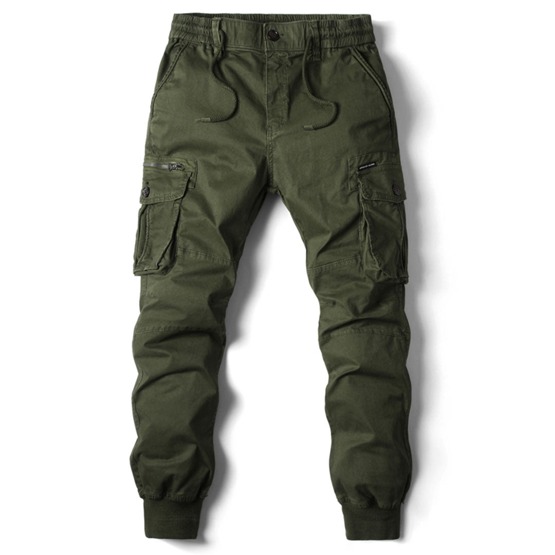 Grüne Herren-Cargohose, Baumwolle, Taschen, elastischer Bund, Freizeitmode.