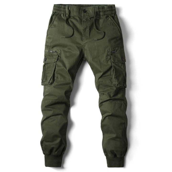 Grüne Herren-Cargohose, Baumwolle, Taschen, elastischer Bund, Freizeitmode.