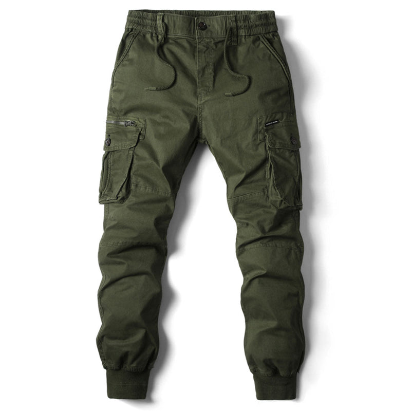 Grüne Herren-Cargohose, Baumwolle, Taschen, elastischer Bund, Freizeitmode.