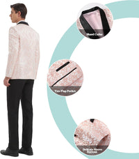 Eleganter Herrenanzug, rosa Brokatjacke mit Schalkragen, zwei Pattentaschen, schwarze Hose.