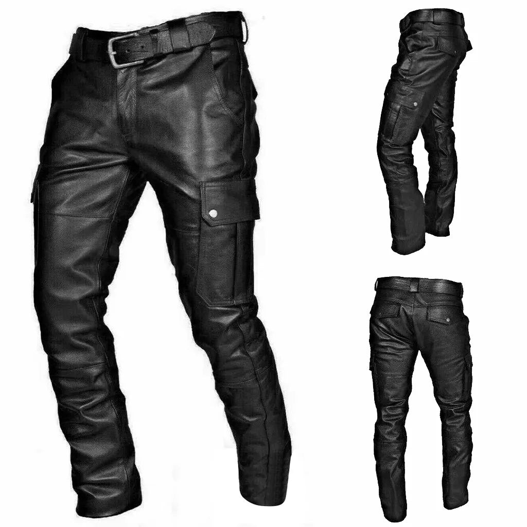 Herren Kunstlederhose, schwarz, elastisch, Motorrad-Stil, mit Taschen, modisch.