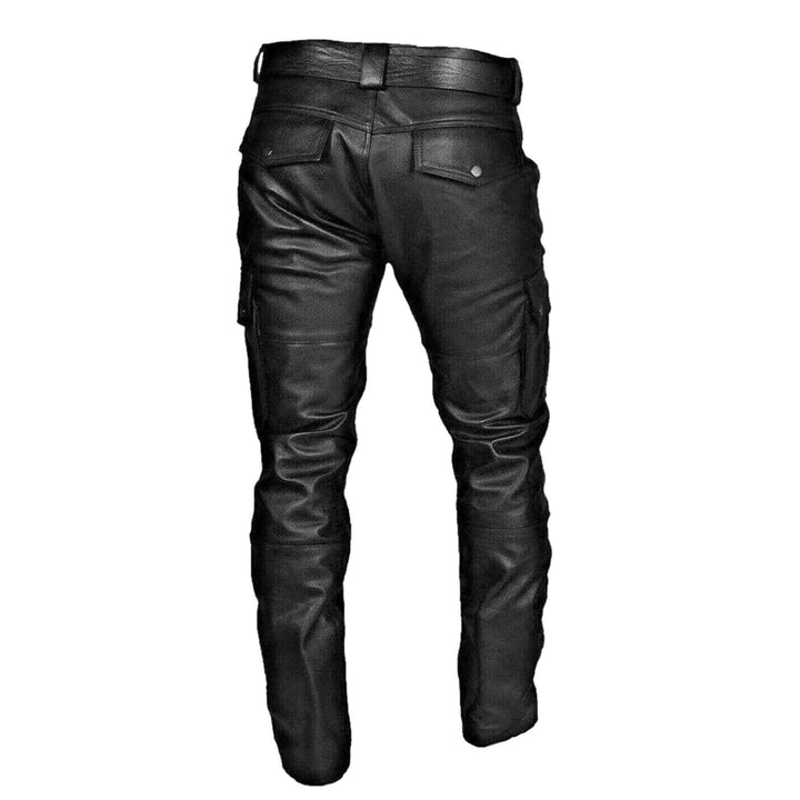 Schwarze Herren-Lederhose, hochwertig, elastisch, Motorrad-Stil, Taschen, Streetwear.