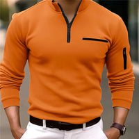 Orange Herrenpolo mit Reißverschluss, langärmelig, modisch, Freizeitkleidung, Baumwolle.