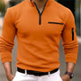 Orange Herrenpolo mit Reißverschluss, langärmelig, modisch, Freizeitkleidung, Baumwolle.