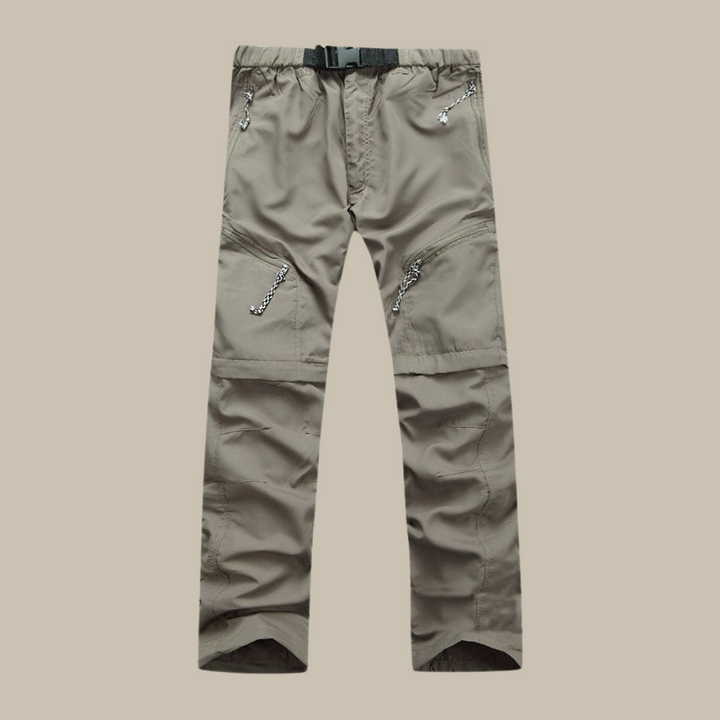 Graue Outdoor-Hose mit Reißverschlusstaschen, verstellbarem Gürtel, strapazierfähiges Material.