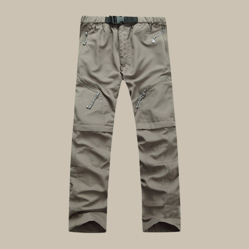 Graue Outdoor-Hose mit Reißverschlusstaschen, verstellbarem Gürtel, strapazierfähiges Material.