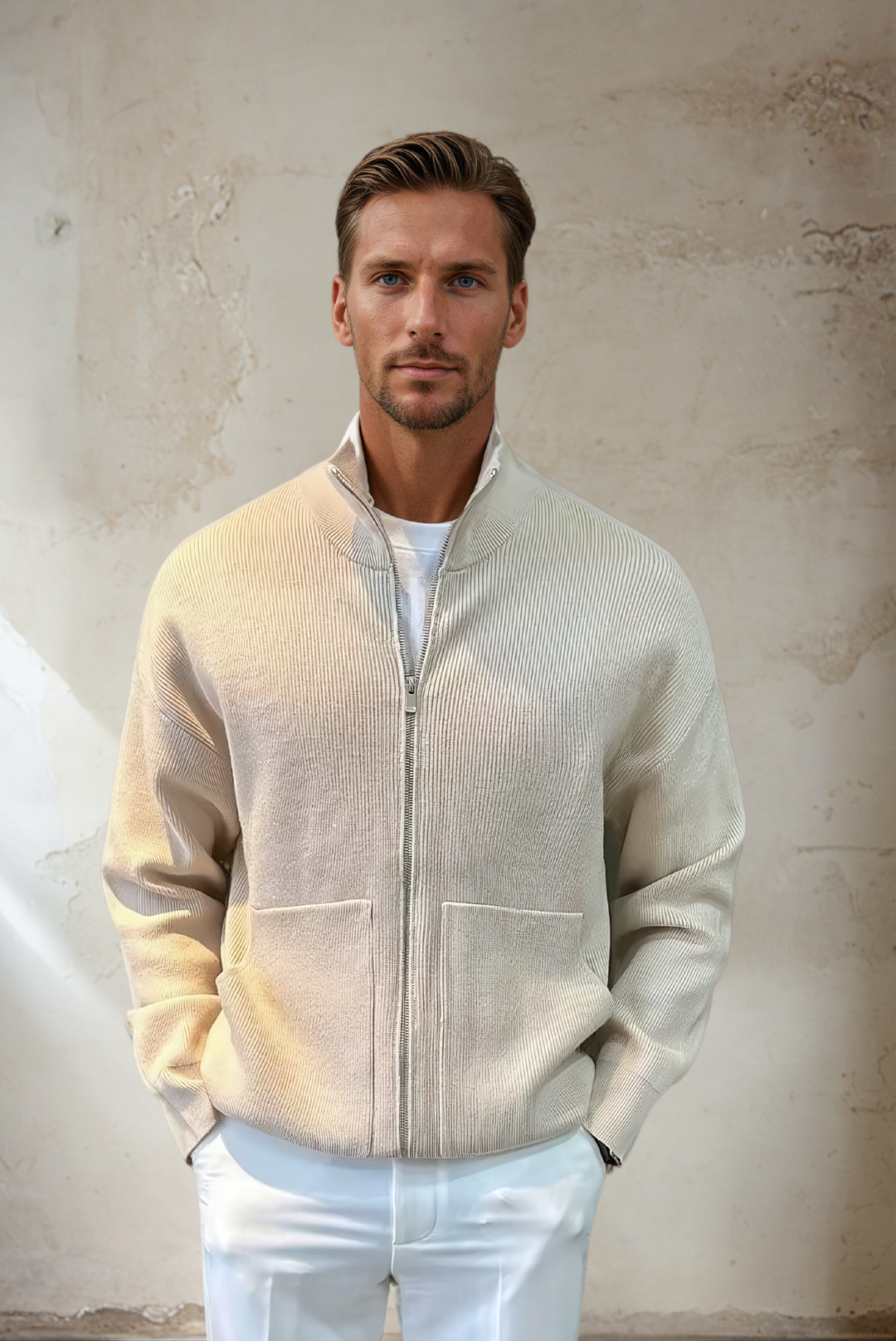Mann in cremefarbener Strickjacke mit Reißverschluss vor beiger Wand.