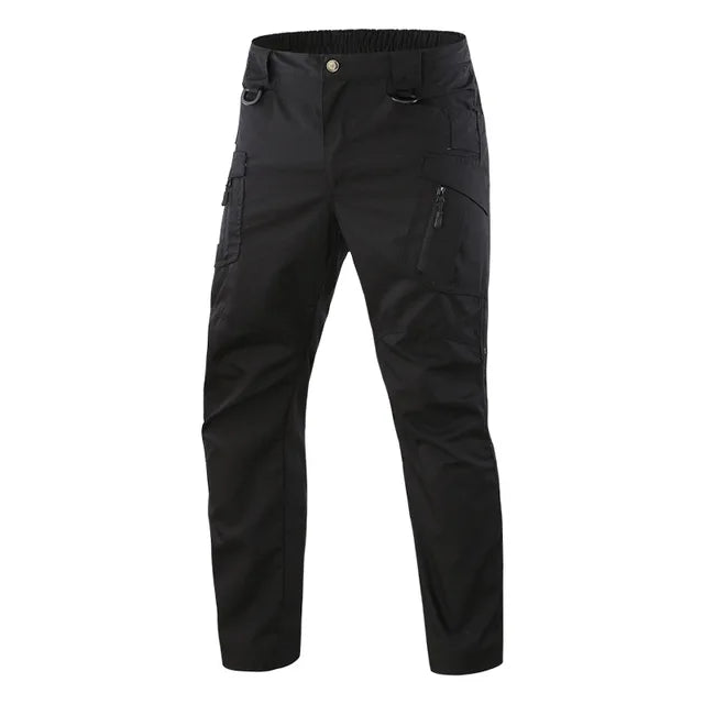 Schwarze Herren-Cargo-Hose, wasserdicht, taktisch, mit mehreren Taschen, strapazierfähig.