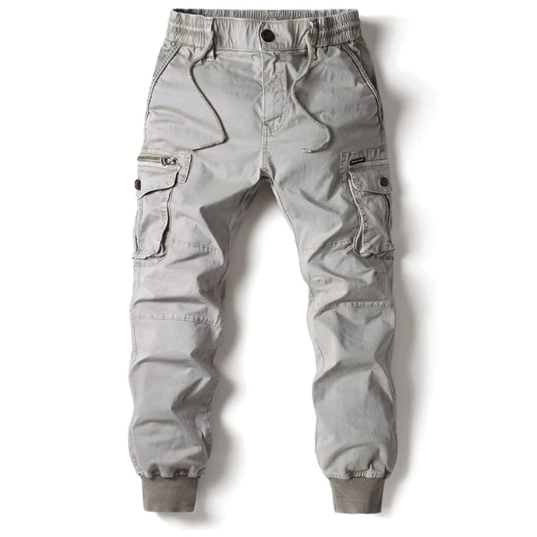 Graue Herren-Cargohose, Baumwolle, elastischer Bund, Taschen, Freizeitmode.