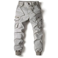 Graue Herren-Cargohose, Baumwolle, elastischer Bund, Taschen, Freizeitmode.