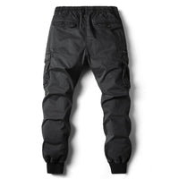 Schwarze Herren-Cargohose, elastischer Bund, Taschen, Baumwolle, Freizeitmode.
