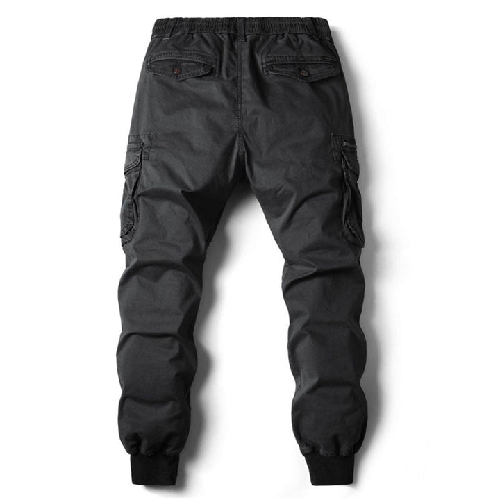 Schwarze Herren-Cargohose, elastischer Bund, Taschen, Baumwolle, Freizeitmode.