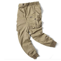 Beige Herren-Cargohose, Baumwolle, elastischer Bund, Seitentaschen, Freizeitmode.