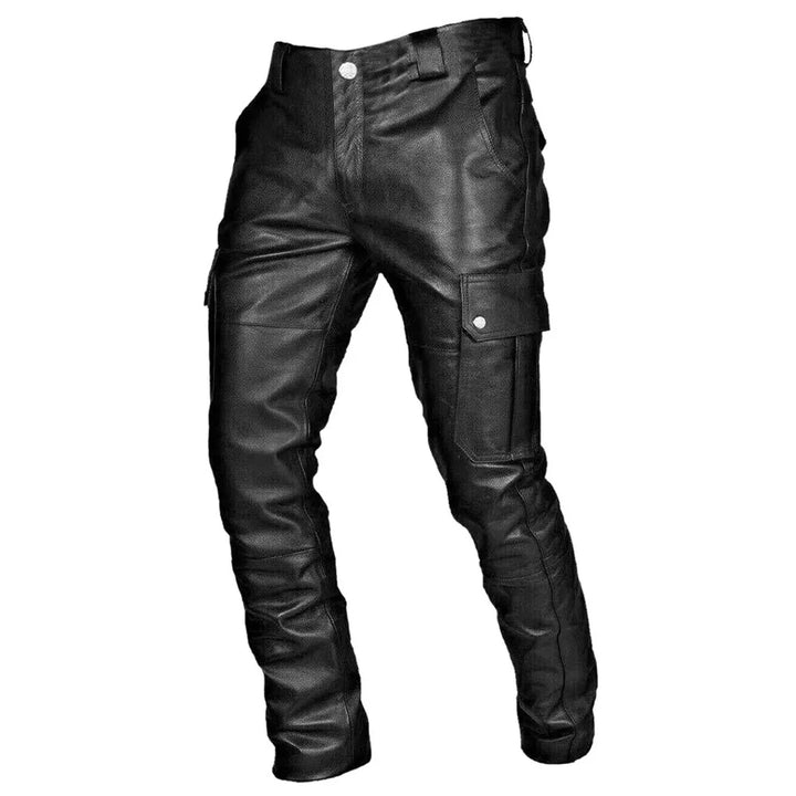 Schwarze Herren-Lederhose, elastisch, Motorrad-Stil, Kunstleder, mit Taschen, Streetwear.