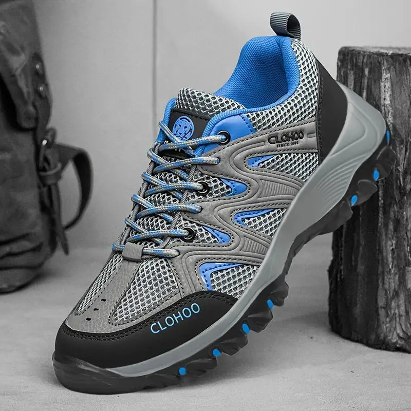 Grauer und blauer Wanderschuh für Herren, atmungsaktiv, rutschfest, Outdoor-Sport.