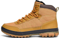 Gelber Herren-Wanderschuh, wasserdicht, rutschfest, robust, Outdoor-Stiefel, Leder, Textil.