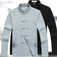 Traditionelle chinesische Tang-Anzüge für Herren, hellblau und schwarz, Baumwolle, elegant.