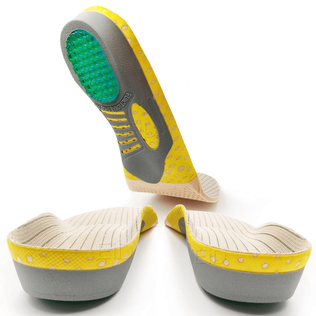 Gelbe orthopädische Einlegesohlen für Plattfüße, ergonomisch, stoßdämpfend, Komfort.