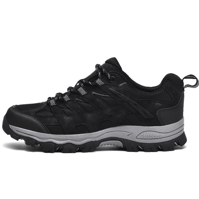 Schwarzer Wanderschuh, robust, rutschfeste Sohle, Outdoor, Herren, Trekking, atmungsaktiv.