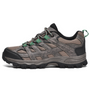 Braune Wanderschuhe aus Leder und Mesh mit grünen Schnürsenkeln, rutschfeste Sohle.