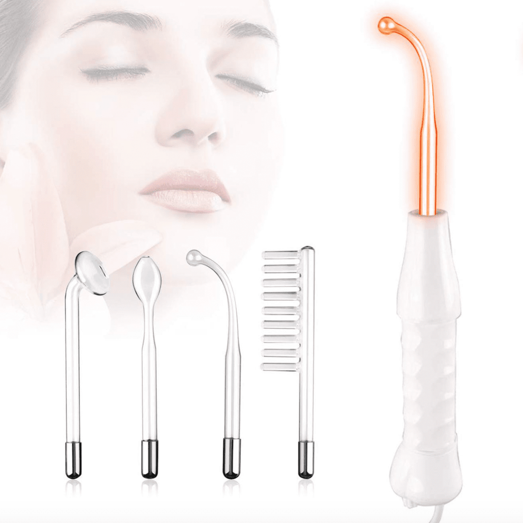 Hochfrequenzgerät mit Elektrodenaufsätzen, Gesichtspflege, Anti-Aging, Hautstraffung, Weiß.
