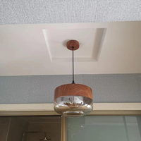 Moderne Hängelampe aus Holz und Glas, Deckenleuchte, Wohnzimmerbeleuchtung, skandinavisches Design.