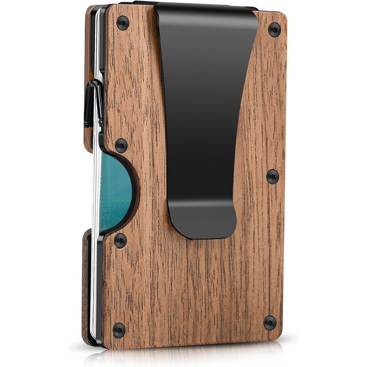 Minimalistisches Holz-Portemonnaie mit Geldklammer, RFID-Schutz, schlankes Design, Herrenaccessoire.