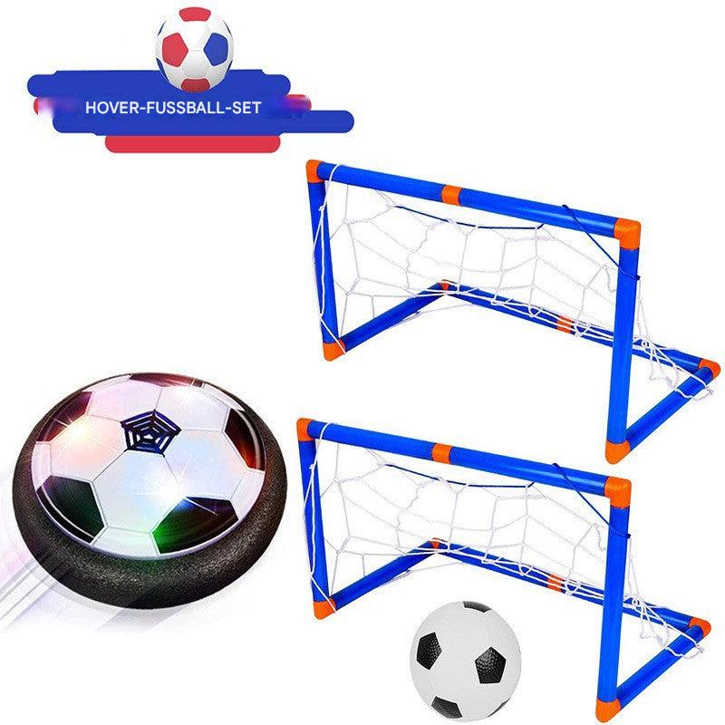 Hover-Fußball-Set mit zwei blauen Toren, schwebendem Ball und klassischem Fußball.