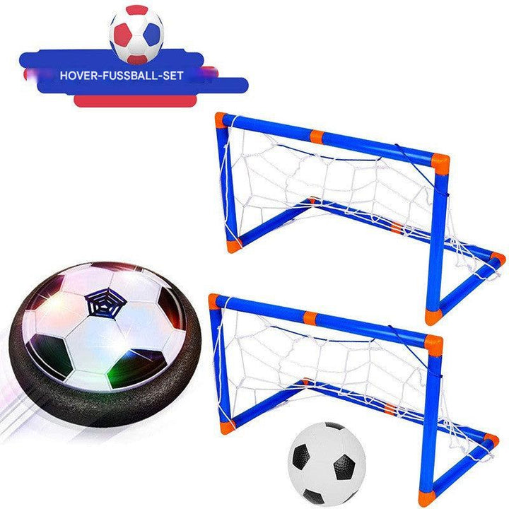 Hover-Fußball-Set mit zwei blauen Toren, schwebendem Ball und klassischem Fußball.