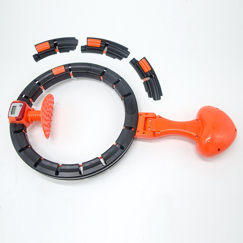 Schwarzer und orangefarbener Fitness-Hula-Hoop-Reifen mit Zählwerk und abnehmbaren Teilen.