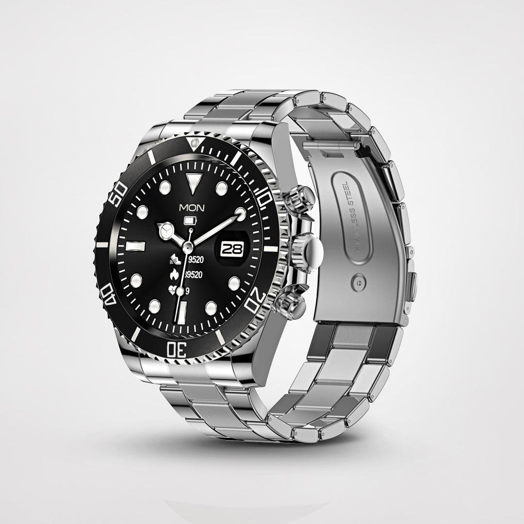 Silberne Smartwatch mit schwarzem Zifferblatt, Edelstahlarmband, Herzfrequenzmesser.