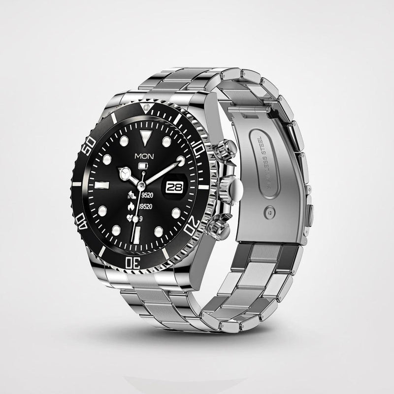 Silberne Smartwatch mit schwarzem Zifferblatt, Edelstahlarmband, Herzfrequenzmesser.