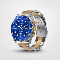 Luxus-Smartwatch mit blauem Zifferblatt, Edelstahlarmband, Herzfrequenzmesser, stilvoll.