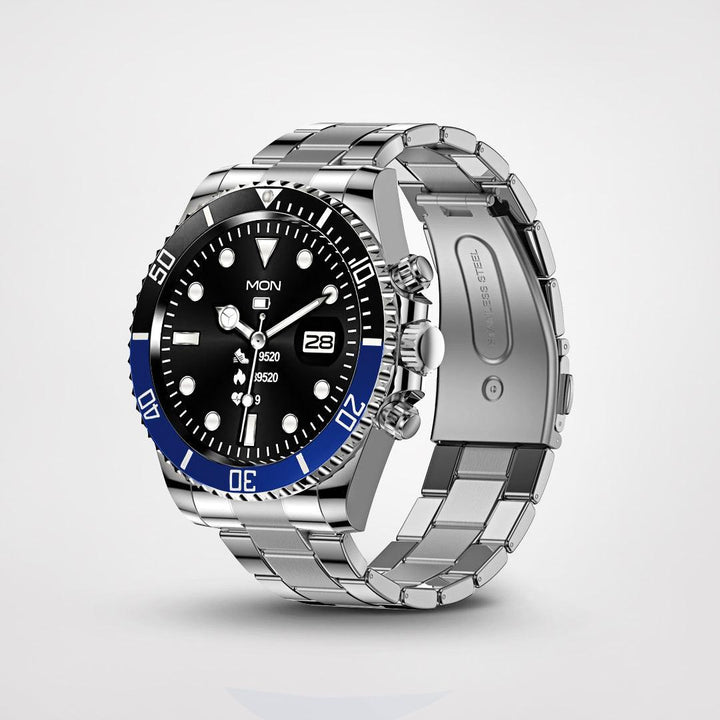 Stilvolle silberne Smartwatch mit Herzfrequenzmessung und blauem Zifferblatt.