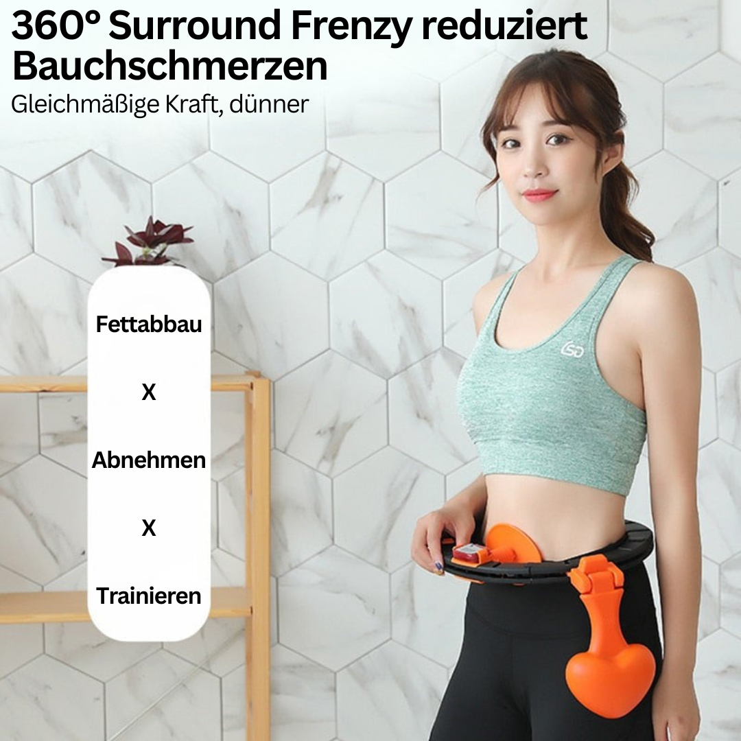 Frau mit grünem Sport-BH nutzt Fitness-Hoop für Bauchtraining, Gewichtsverlust, Heimfitness.