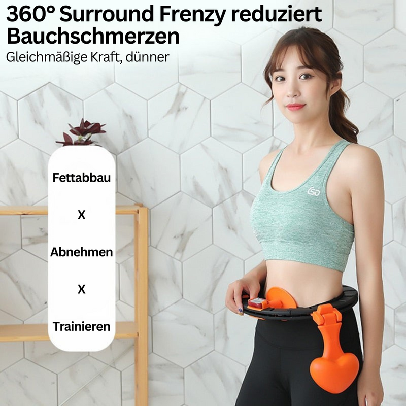 Frau mit grünem Sport-BH nutzt Fitness-Hoop für Bauchtraining, Gewichtsverlust, Heimfitness.