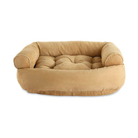 Beiges Hundebett aus Velours, rechteckig, mit gepolsterten Seiten, ideal für mittelgroße Hunde.