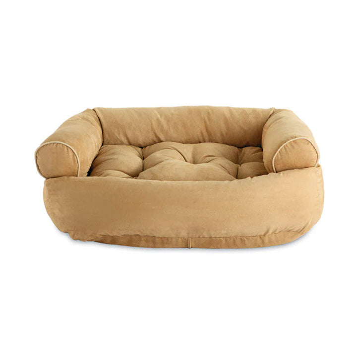 Beiges Hundebett aus Velours, rechteckig, mit gepolsterten Seiten, ideal für mittelgroße Hunde.