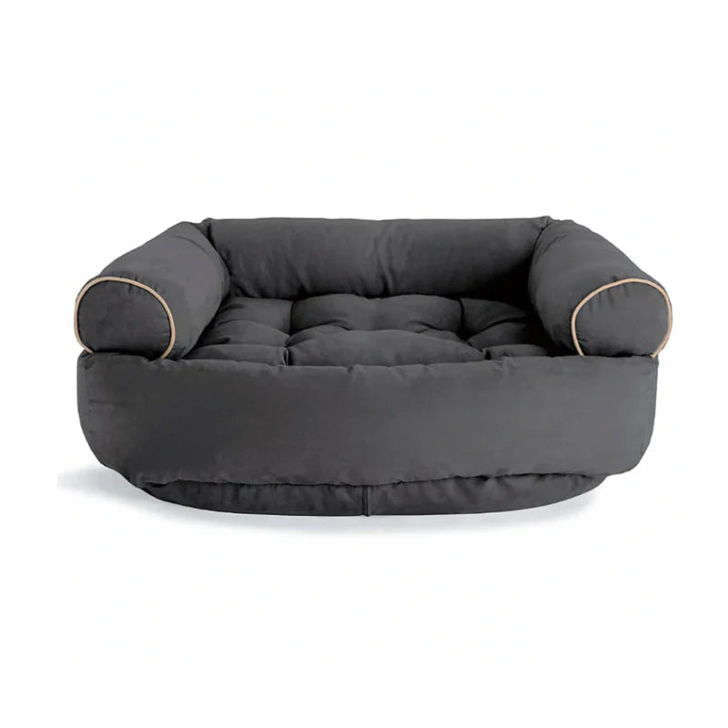 Graues Hundebett aus Stoff mit erhöhten Seiten, bequemes Design, ideal für mittelgroße Hunde.