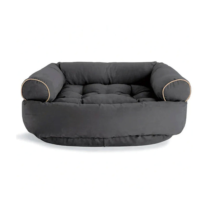 Graues Hundebett aus Stoff mit erhöhten Seiten, bequemes Design, ideal für mittelgroße Hunde.