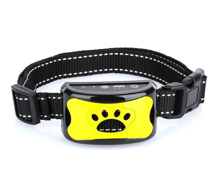 Gelbes Anti-Bell-Halsband für Hunde, verstellbar, mit schwarzem Nylonband und Pfotenmotiv.