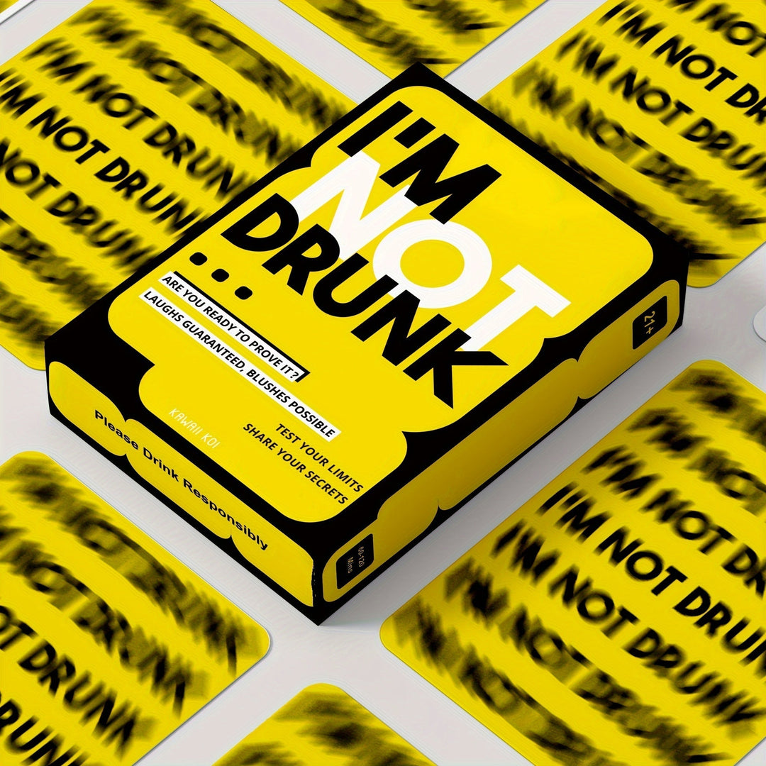 Gelbes Kartenspiel "I'm Not Drunk" auf Tisch, Partyspiel, humorvoll, Gesellschaftsspiel.