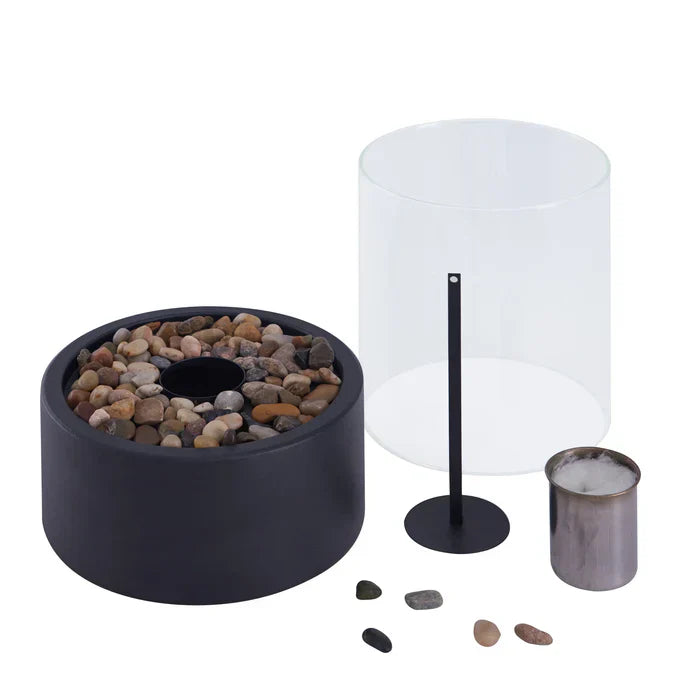 Tischfeuerstelle Set, schwarz, Glaszylinder, Dekosteine, Ethanolbrenner, modern, Innenbereich