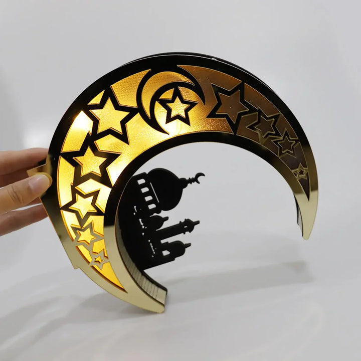 Goldene LED-Nachtlampe Halbmond mit Sternen, dekorative Tischleuchte für Zuhause.