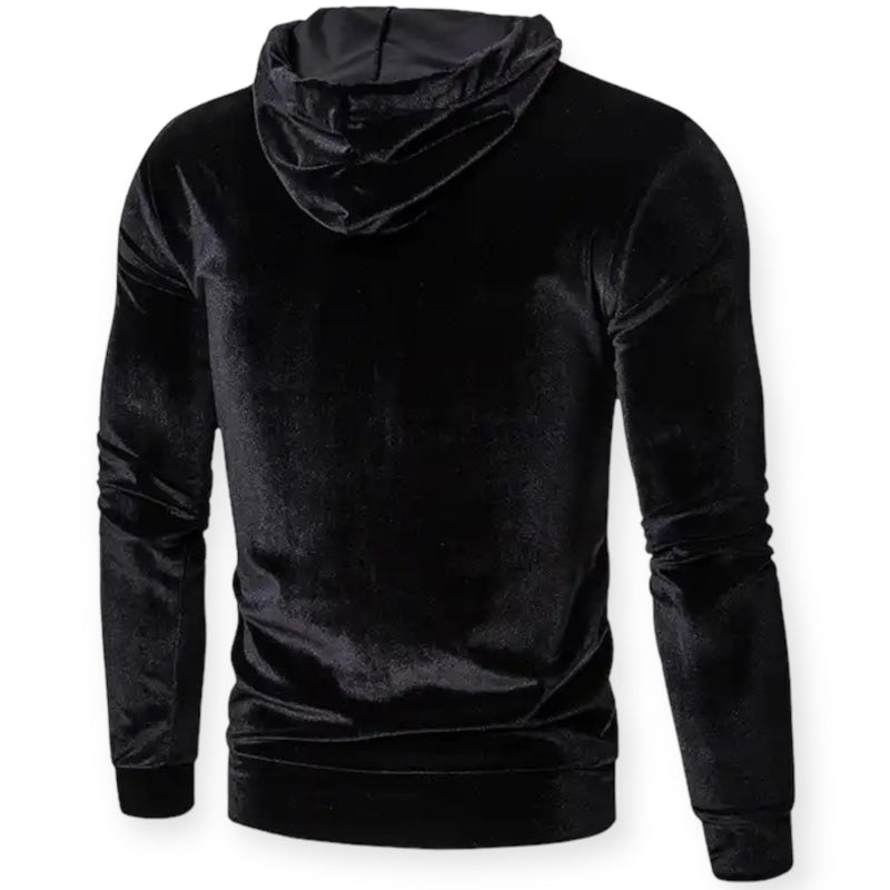 Schwarzer Samt-Hoodie für Herren, langärmelig, modisch, bequem, ideal für Herbst/Winter.