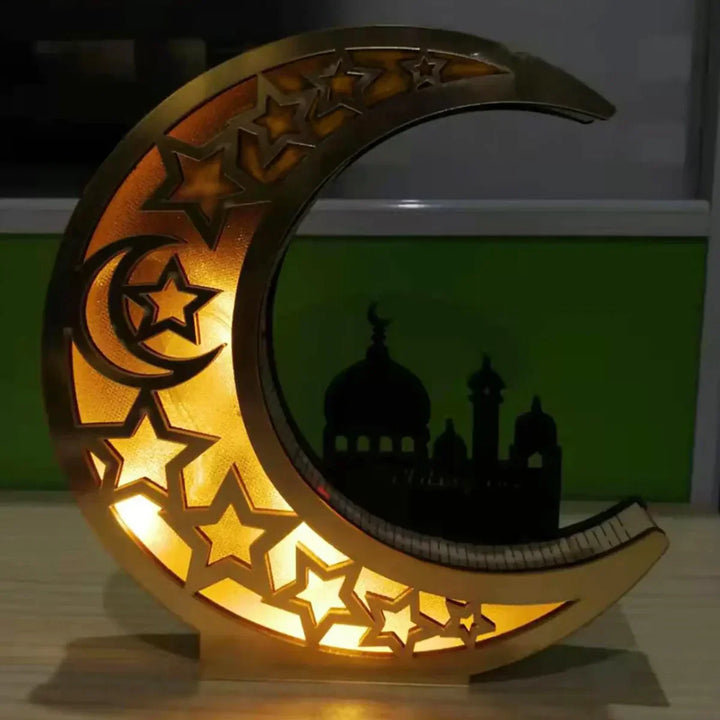 Mondförmige LED-Nachtlampe mit Sternen, Holz, dekorativ, warmes Licht, islamisches Design.