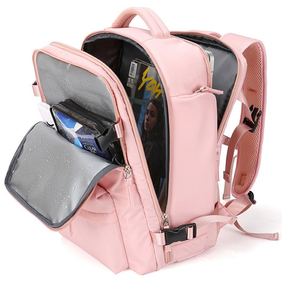 Rosa Rucksack mit mehreren Fächern, ideal für Schule oder Reisen, wasserdichtes Material.